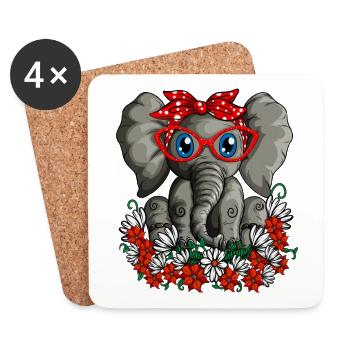 Süßer Kinder Baby Elefant mit roten Blumen Brille - Untersetzer (4er-Set) - Weiß - Vorne