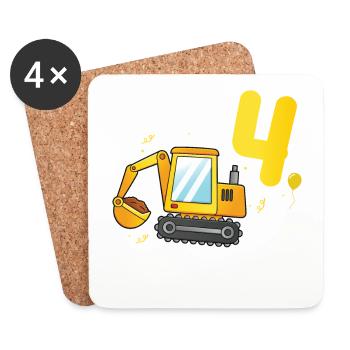4. Geburtstag, 4 Jahre alt! Kids, Boy Junge Bagger - Untersetzer (4er-Set) - Weiß - Vorne