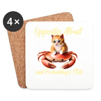 Chat sur un crabe - amitié - Dessous de verre (lot de 4) - blanc - Devant