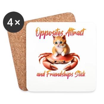 Chat sur un crabe - amitié - Dessous de verre (lot de 4) - blanc - Devant