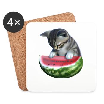 Cat and watermelon - Coasters (set of 4) - white - Front