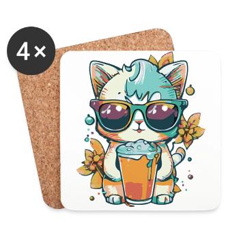 Sommer-Coolness: Katze mit Sonnenbrille - Untersetzer (4er-Set) - Weiß - Vorne