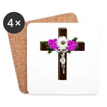 Jesus Kreuz Blumen - Untersetzer (4er-Set) - Weiß - Vorne