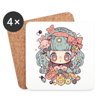 Kawaii Anime Girl Design pour filles et dames - Dessous de verre (lot de 4) - blanc - Devant