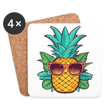 Cartoon Pineapple Summer with Sunglasses Good Vibes - Coasters (set of 4) - white - Front