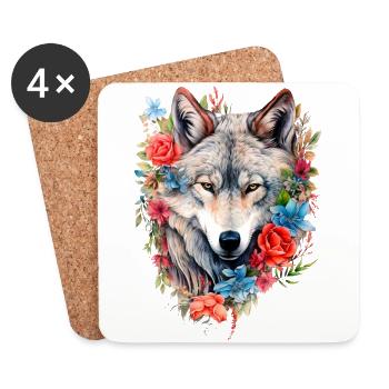 Loup aux fleurs - Dessous de verre (lot de 4) - blanc - Devant