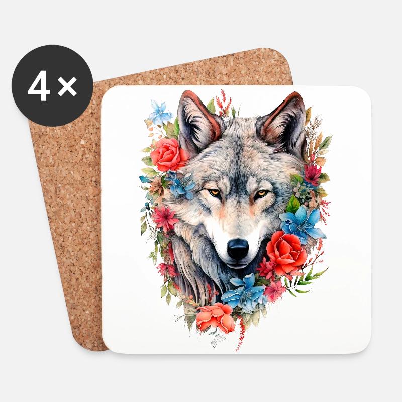 Wolf mit Blumen Mädchen - Untersetzer (4er-Set) - Weiß