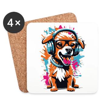 Chien mignon avec des écouteurs et des lunettes - Dessous de verre (lot de 4) - blanc - Devant