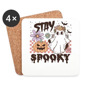 Restez effrayant Retro Halloween avec fantôme et citrouille - Dessous de verre (lot de 4) - blanc - Devant