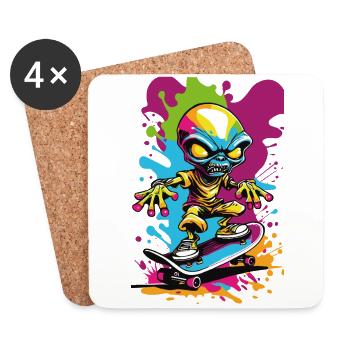 Alien on Skateboard Colorful Graffiti Illustration - Coasters (set of 4) - white - Front