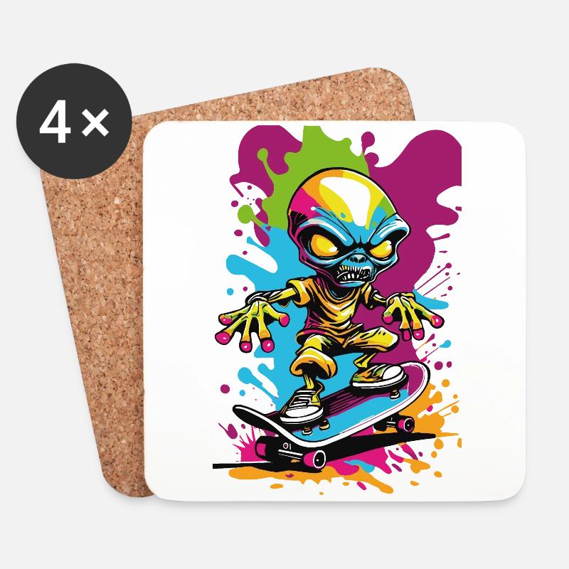 Alien auf Skateboard bunte Illustration - Untersetzer (4er-Set) - Weiß