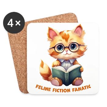 « Feline Fiction Fanatic »: Bookworm Cat Design - Dessous de verre (lot de 4) - blanc - Devant