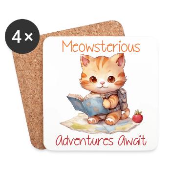 "Meowsterious Adventures Await" Niedliche Katze - Untersetzer (4er-Set) - Weiß - Vorne