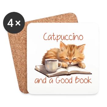 Catpuccino And A Good Book - Bookworm and Cats - Coasters (set of 4) - white - Front