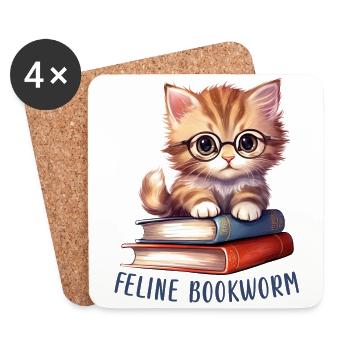 Feline Bookworm - Süße Bücher lesende Katze - Untersetzer (4er-Set) - Weiß - Vorne