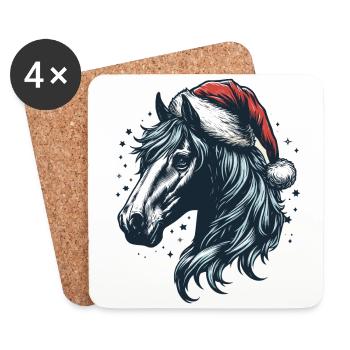 Tête de cheval avec chapeau de père Noël - Dessous de verre (lot de 4) - blanc - Devant