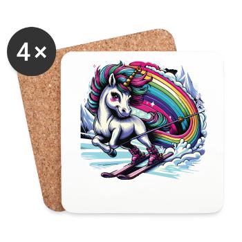 Ski Einhorn Ski Unicorn Arc-en-ciel Winter Magic - Dessous de verre (lot de 4) - blanc - Devant