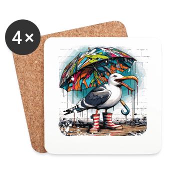 Street art seagull with umbrella and rubber boots - Coasters (set of 4) - white - Front