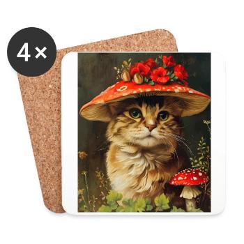 Vintage Katze in einem Pilz Blumenhut Cottagecore - Untersetzer (4er-Set) - Weiß - Vorne