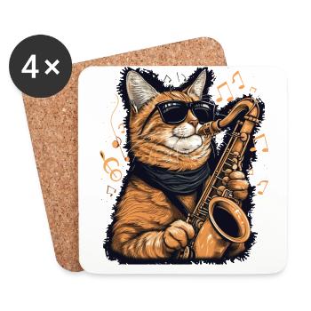 Funny Cat Playing Saxophone Music Notes Graphic - Coasters (set of 4) - white - Front