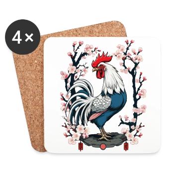 Asian Rooster Cherry Blossoms Aesthetic Design - Coasters (set of 4) - white - Front