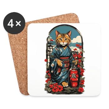 Katze Sake Japanischer Vintage Kunst - Untersetzer (4er-Set) - Weiß - Vorne