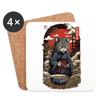 Funny Cat Eats Ramen Japanese Noodle Soup - Coasters (set of 4) - white - Front