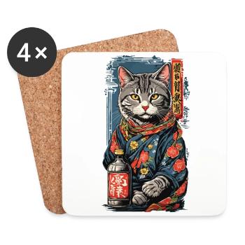 Katze Im Japanischen Sake Poster Vintage Art - Untersetzer (4er-Set) - Weiß - Vorne