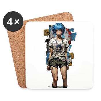 Design de style de rue anime avec des cheveux bleus - Dessous de verre (lot de 4) - blanc - Devant