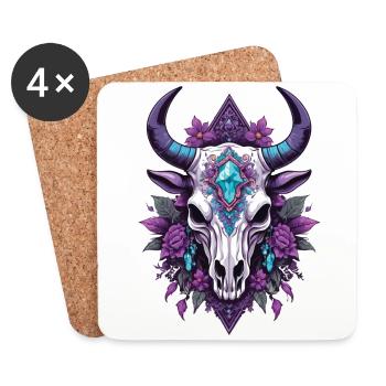 Bull Skull Spiritual Mandala Feathers Design - Coasters (set of 4) - white - Front