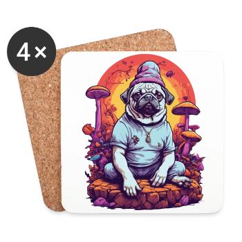Magical Pug Dog Psychedelic Art Forest Mushrooms - Coasters (set of 4) - white - Front