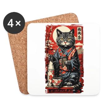 Chat saké japonais Vintage Art - Dessous de verre (lot de 4) - blanc - Devant