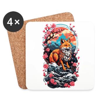 Fuchsgeist Kitsune Aesthetic Yokai Streetwear - Untersetzer (4er-Set) - Weiß - Vorne