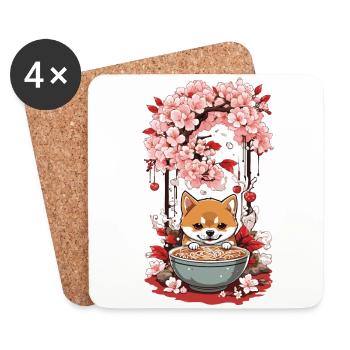 Cute Shiba Dog Aesthetic Ramen Japan Streetwear - Coasters (set of 4) - white - Front