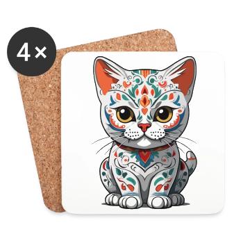 Ikonischer Zuckerschädel Katze Mexikanischer - Untersetzer (4er-Set) - Weiß - Vorne