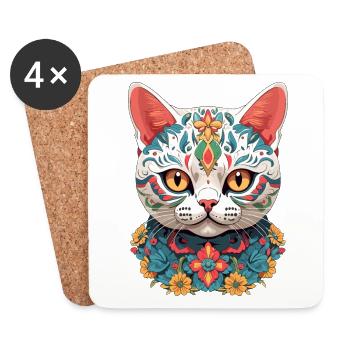 Cat Mexico Sugar Skull Streetwear Design - Coasters (set of 4) - white - Front