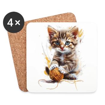 Playful kitten with ball of yarn - Coasters (set of 4) - white - Front