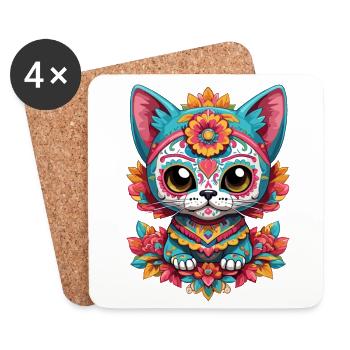 Kawaii Katze Ikonischer Zuckerschädel Mexiko - Untersetzer (4er-Set) - Weiß - Vorne