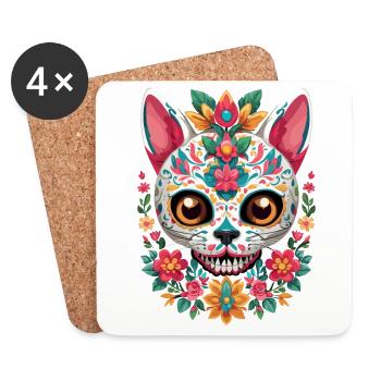 Sugar Skull Cat Mexican Holiday Design - Coasters (set of 4) - white - Front