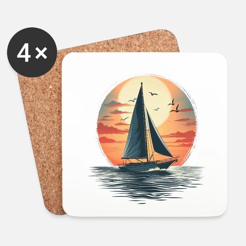 Segelboot bei Sonnenuntergang Meer und Möwen - Untersetzer (4er-Set) - Weiß