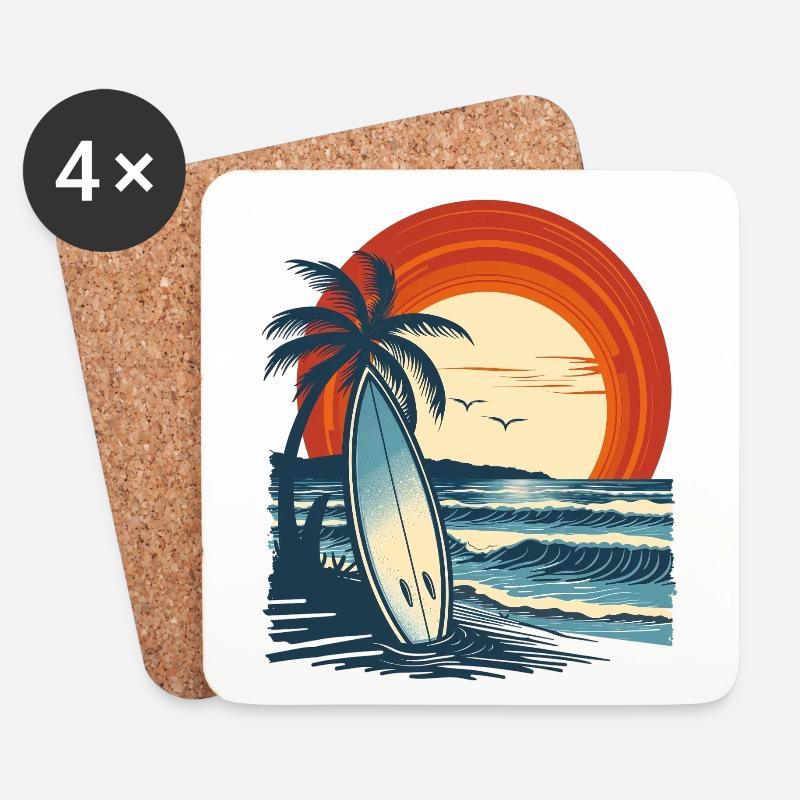 Surfbrett Am Strand Bei Sonnenuntergang - Untersetzer (4er-Set) - Weiß