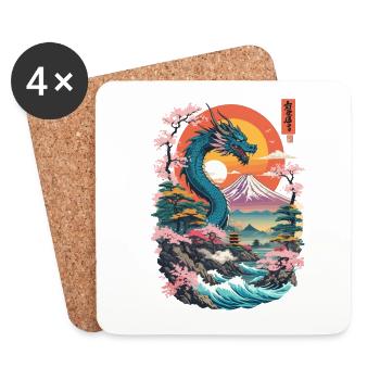 Vintage Ukiyo-E Vaporwave Japanischer Drache - Untersetzer (4er-Set) - Weiß - Vorne