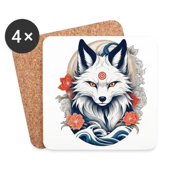 Weißer Kitsune Fuchs Japanische Kirschblüten - Untersetzer (4er-Set) - Weiß - Vorne