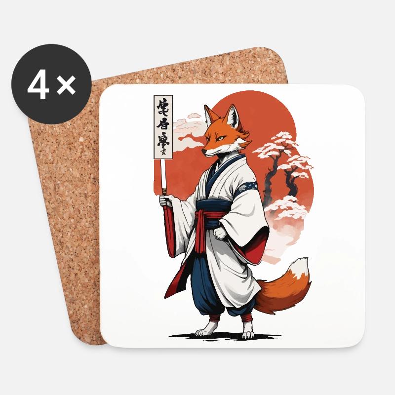 Ukiyo-E Kunst Stil Japanische Kitsune Fuchs - Untersetzer (4er-Set) - Weiß