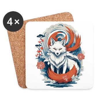 Ukiyo-E Kunst Stil Japanische Kitsune Fuchs - Untersetzer (4er-Set) - Weiß - Vorne