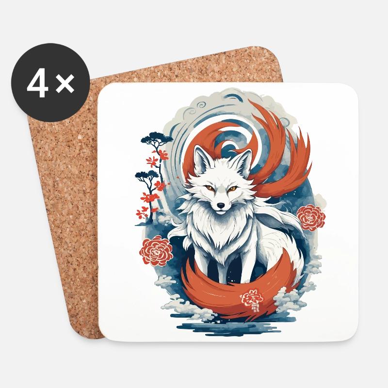 Ukiyo-E Kunst Stil Japanische Kitsune Fuchs - Untersetzer (4er-Set) - Weiß