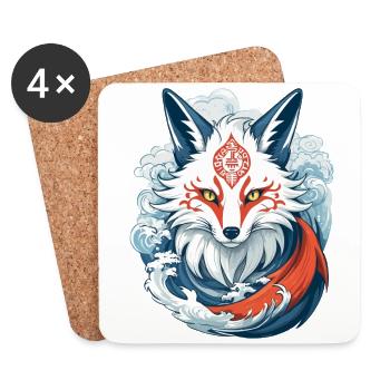 Masque Kitsune Japonais Anime Kawaii Renard Fantôme - Dessous de verre (lot de 4) - blanc - Devant