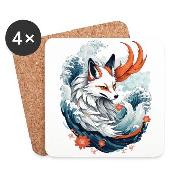 Japanische Kitsune Fuchs Anime Kawaii Fuchsgeist - Untersetzer (4er-Set) - Weiß - Vorne