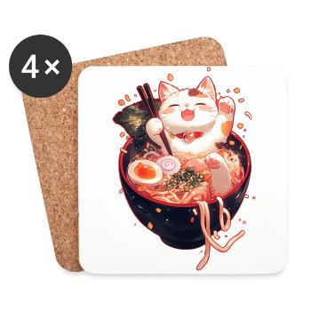 Cute Cat Ramen Bowl Kawaii Noodles Japanese Anime - Coasters (set of 4) - white - Front