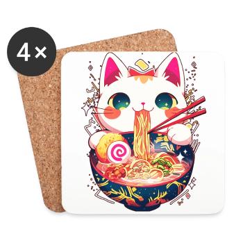 Cute Cat Kawaii Ramen Bowl Noodles Japanese Anime - Coasters (set of 4) - white - Front